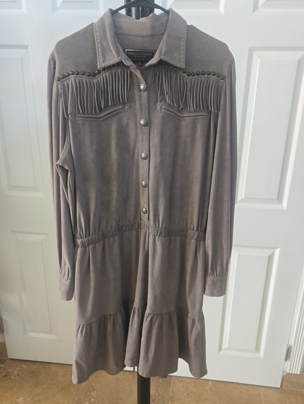 Double D Ranch Taupe Fringe-Trim Long Sleeve Tiered Dress XL